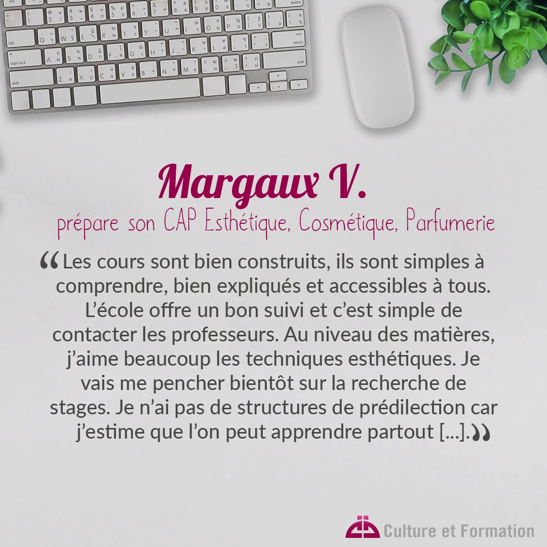 #JeMeFormeChezMoi - Et si on commençait la semaine du bon pied ! Découvrez le retour de Margaux sur notre préparation au CAP Esthétique. 

Pour en savoir plus ➡️culture-formation.fr/cap-esthetique…