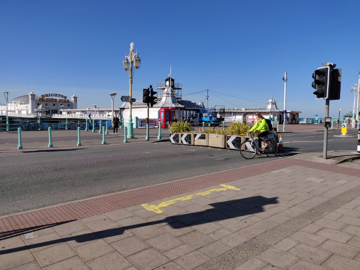 Well,  #MadeiraDrive is now an  #OpenStreet for people cycling, walking & running for essential trips & exercise. I was there early this morning to watch planters go in by Palace Pier roundabout & top of  #DukesMound. Only a start, but  @BrightonHoveCC is first to do this in the UK!