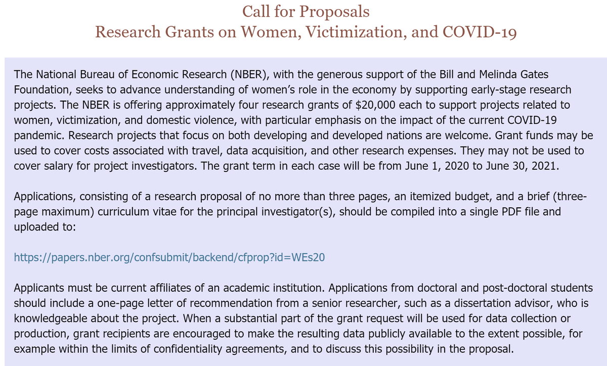 seema_econ's tweet photo. Small grants on Women, Victimization, and COVID-19, being offered through NBER Gender in the Economy group. Apply by May 11. https://t.co/pI1mTRtQVX https://t.co/zrgv0mudXO