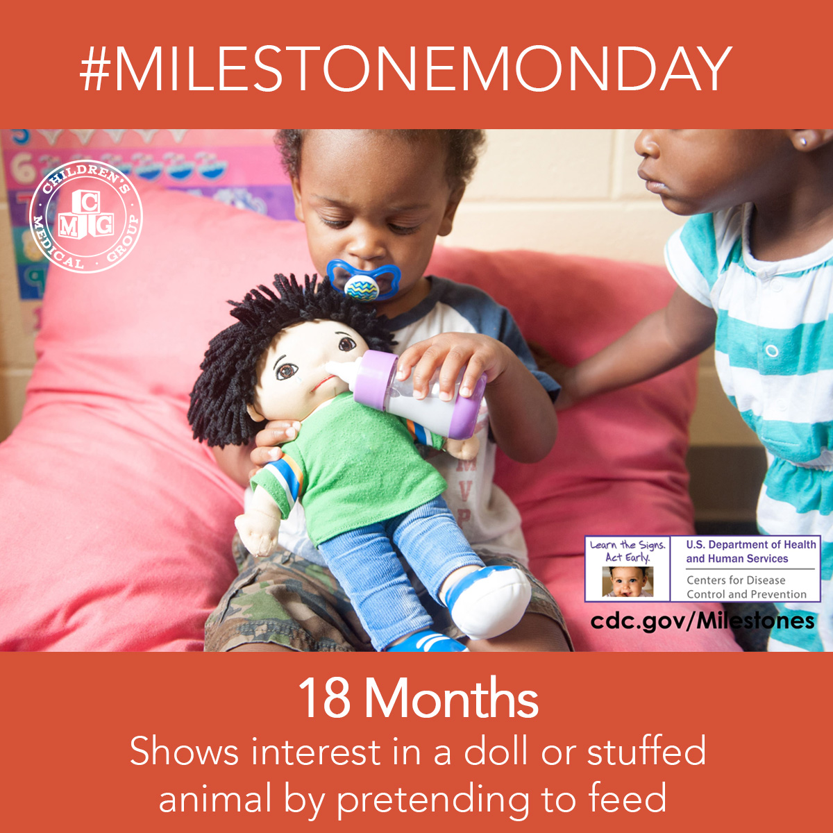 ChildrensMedGrp's tweet photo. #MilestoneMonday - At 18 Months old your child will start to show interest in a doll or stuffed animal by pretending to feed. 

#MilestoneMonday #ChildrensMedicalGroup #CMG #Pediatrician #ClintonMS #JacksonMS #MadisonMS https://t.co/iNd9iOirSL