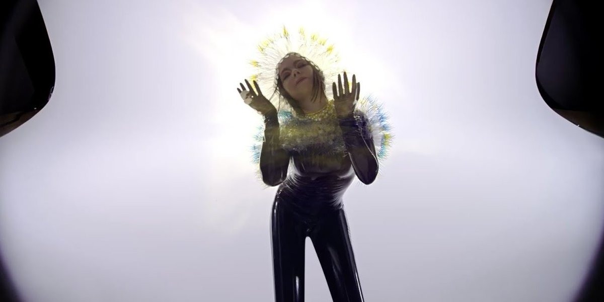 Lionsong (2015)Shot during the photoshoot for the Vulnicura album cover, it portrays Björk dancing and showing expression of anger and happiness. At one point, the singer appears in a bronze skin, while purple lights surround her.