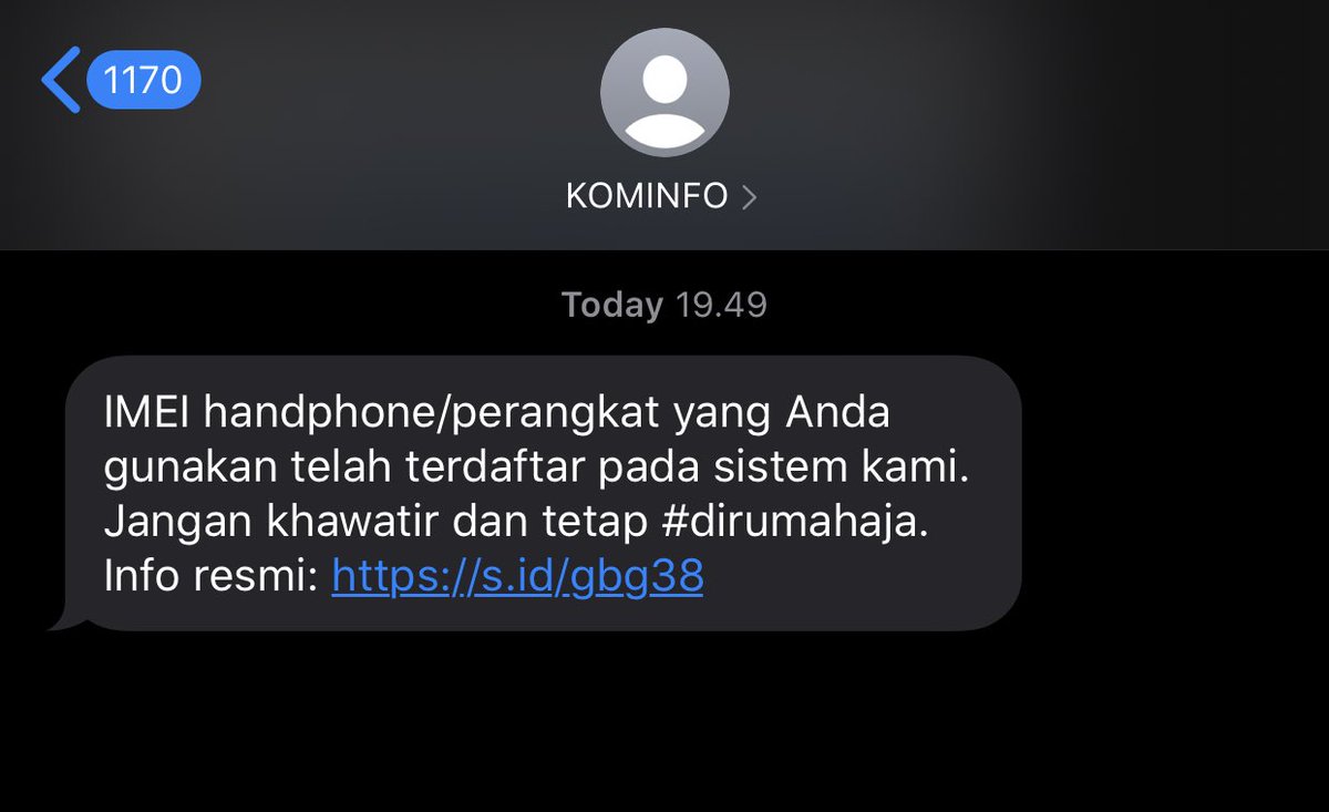 Mungkin km bingung dpt SMS begini?
Tenang, ini info klo hapemu IMEI-nya aman, tak diblokir krn diduga hasil BM (Black Market).
Per tanggal 18 April, semua gadget komunikasi yg diaktifkan pasca tgl itu, kalo IMEI tak terdaftar secara legal, tak akan bisa dipakai dgn simcard.