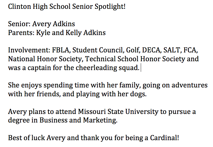 CHSCards's tweet photo. Clinton High School Senior Spotlight!

@ClintonMoCards @KDKDRadio https://t.co/ex4nvzPZH6