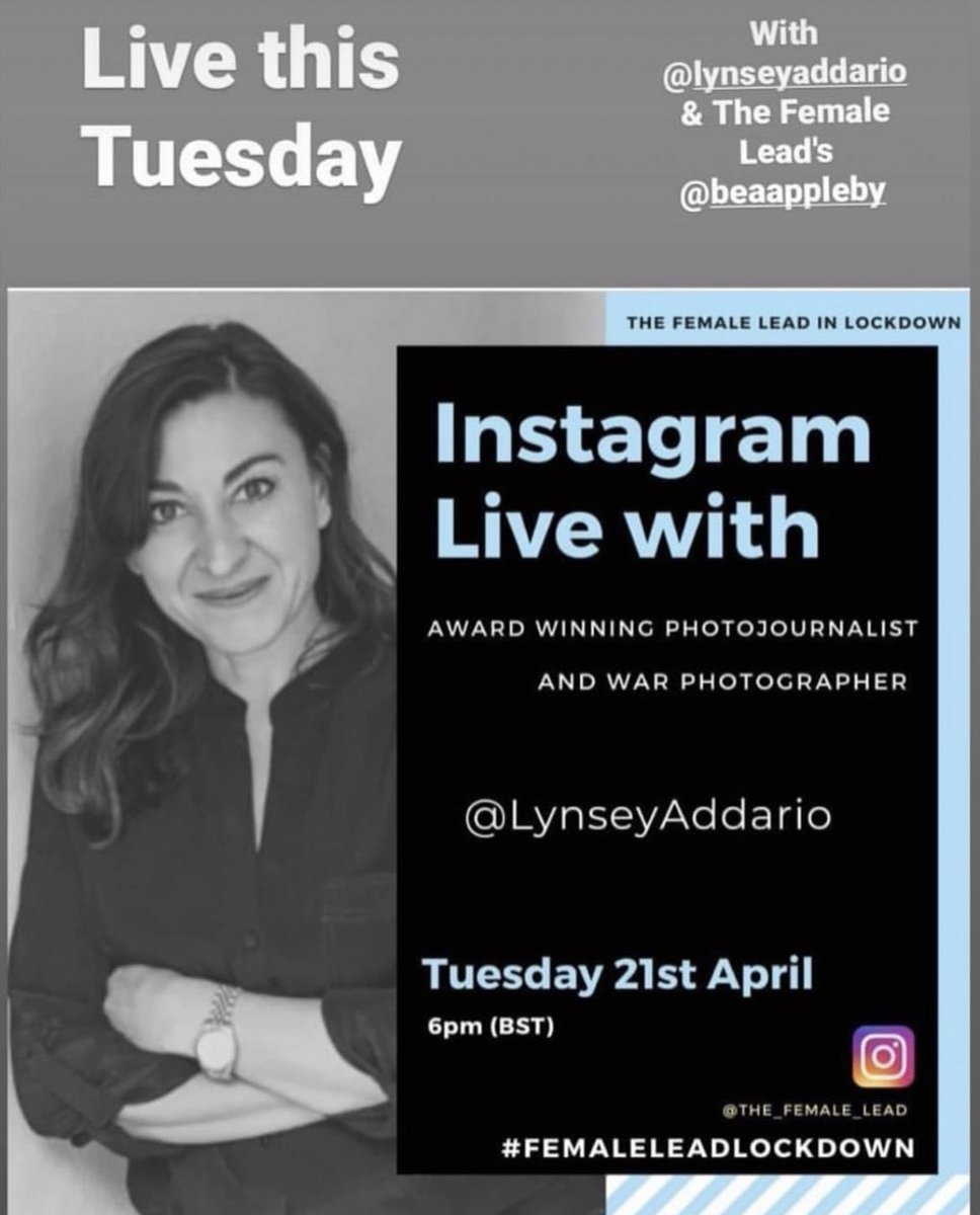 Join an Instagram Live with the phenomenal photojournalist <a href="/lynseyaddario/">lynsey addario</a> tomorrow at 6pm BST. #CreativeUnderQuarantine #photojournalism #InstagramLive #photographylovers #coronavirusuk #femaleleadlockdown