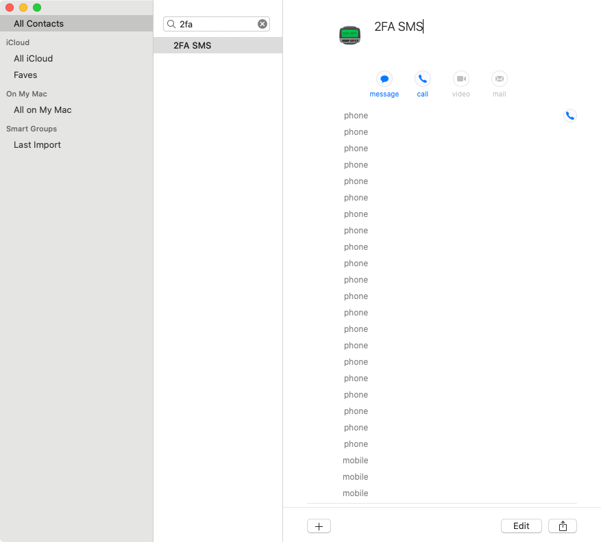 searls's tweet photo. Pro-tip: every time you get a two-factor SMS message, add the number to a single contact as a catch-all for all 2FA SMS. That way all their texts combine into a single feed and your recent messages list can remain tidy. https://t.co/d5QMpkuZeg