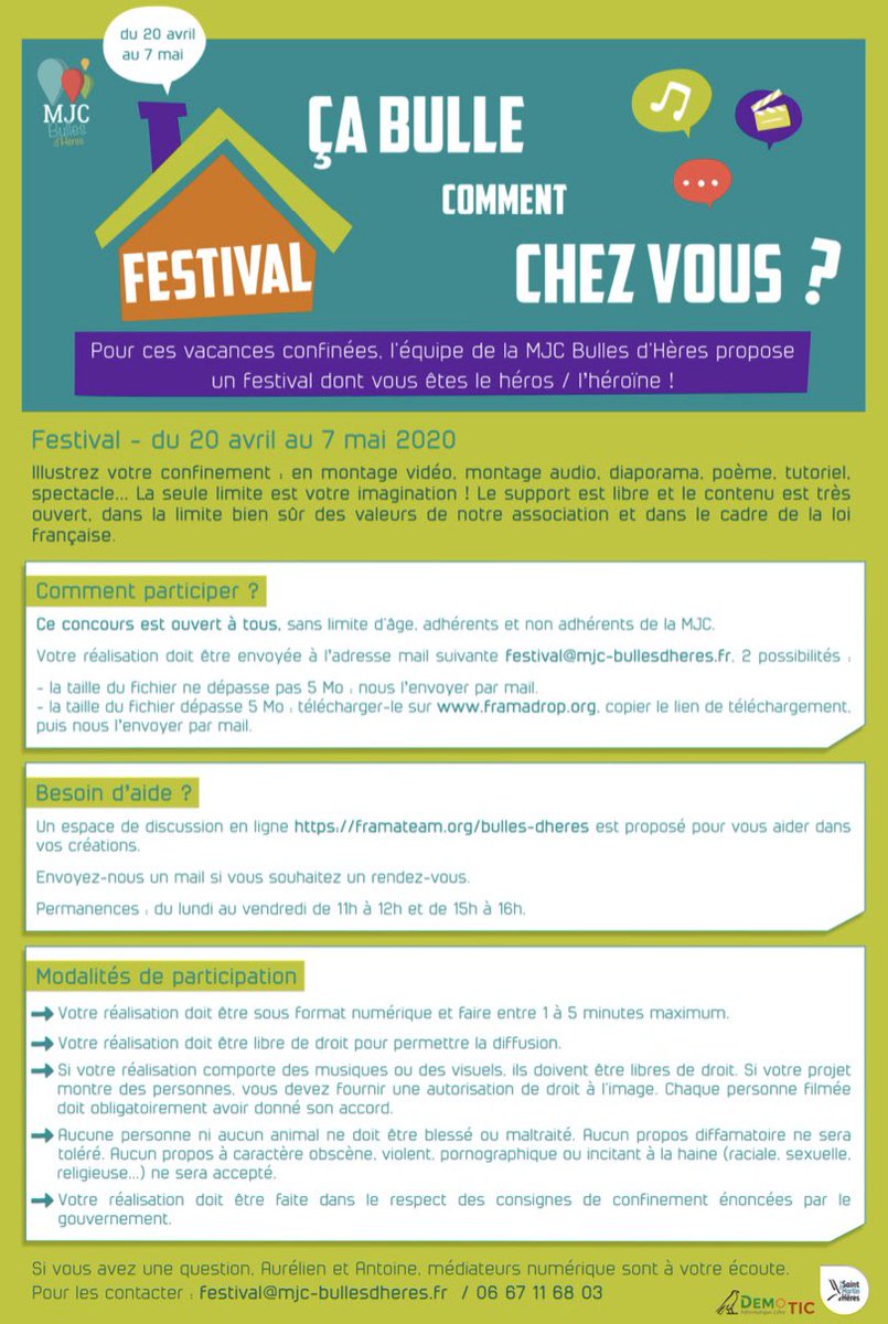 MJCBullesdHeres's tweet photo. Bonjour à tous !! Aujourd’hui, 20 avril 2020, le festival « Ça bulle comment chez vous? » a officiellement débuté !

Pour illustrer votre confinement, la seule limite est votre imagination !

Pour plus d’infos et nous contacter: festival@mjc-bullesdheres.fr https://t.co/0u49XdDhCd