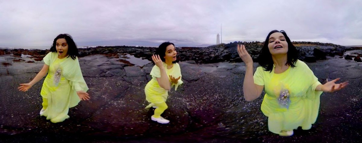 Stonemilker [Virtual Reality] (2015)A virtual reality video which portrays Björk singing on a beach and in a field. As the song progresses, Björk multiplies and surround the viewer. The video was released as an app, which features a string-laden version of the song