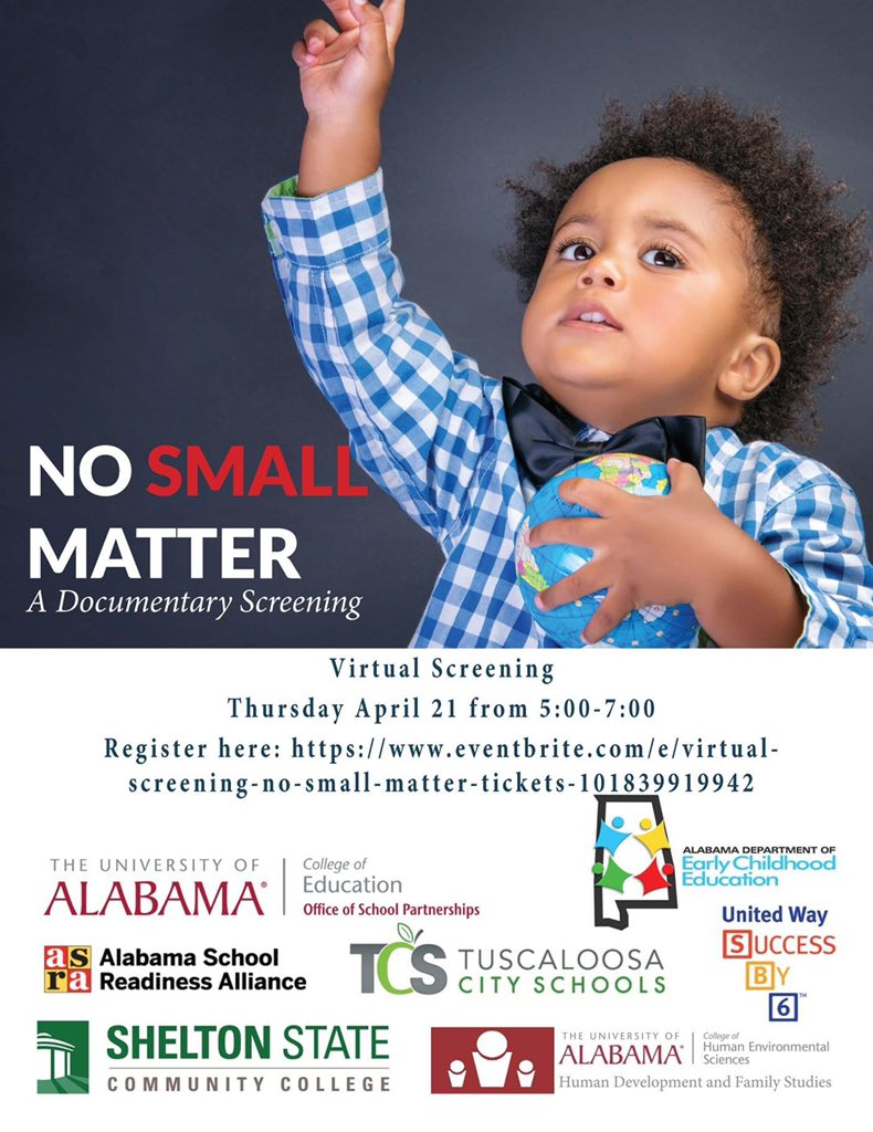 Register to receive free at home access to view No Small Matter, beginning Tuesday, April 21.

Open to all! Join us as we celebrate the power of high quality ECE &amp; advocate for equitable access for all.

eventbrite.com/e/virtual-scre…

<a href="/NoSmallMatter/">No Small Matter</a> 
<a href="/AL_DECE/">Alabama Department of Early Childhood Education</a> 
<a href="/ALSRA/">ASRA</a> 
<a href="/UA_Educator/">UA Educator</a>