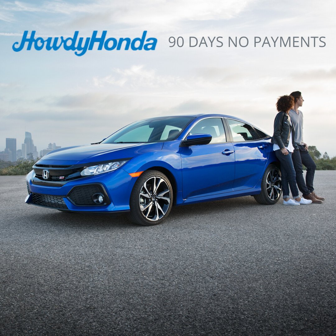 Howdy Honda is here for you! We’re offering 90 days of no payments on new Honda vehicles. Our community is important to us and we are doing everything we can to serve you. 

#howdyhonda #honda #honda90days #newhonda #hereforyou

bit.ly/2vZM03r