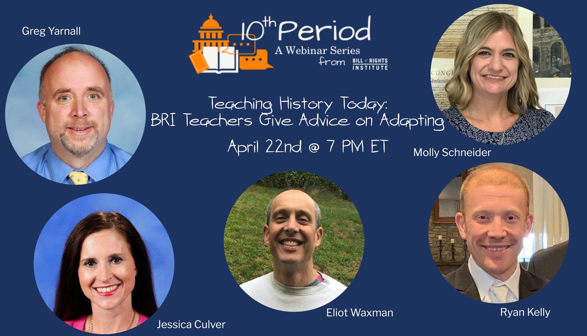 BRInstitute's tweet photo. Join us live on April 22nd for a special #TenthPeriodwebinar with BRI Staff Kirk and @racheldhumph and five of our Teacher Council members to discuss how they are adapting to teaching during the Covid-19 pandemic. https://t.co/E7ABIcXFan #BRInstitute #Teaching https://t.co/K5DWBmvlrl