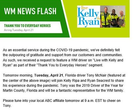 kathyklein4's tweet photo. If you are a Kelly &amp; Ryan fan...and a WM customer who appreciates these essential service workers... https://t.co/CiSxnONCeE