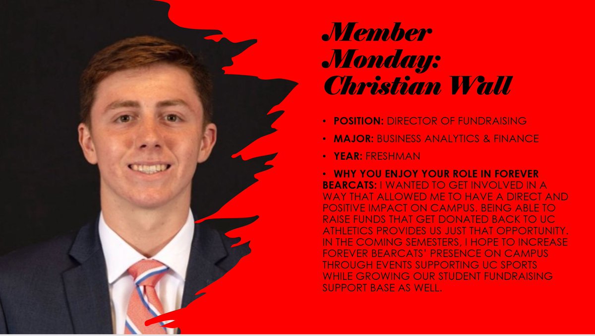 🗣️ #MemberMonday 🗣️

<a href="/christian__wall/">Christian</a> is our Director of Fundraising. A motivated freshman, he hopes to lead many exciting and creative fundraisers in the 2020 school year to continue to get #ForeverBearcats off the ground!

<a href="/ucscno/">UC SCNO</a> <a href="/LindnerCollege/">Lindner College of Business</a> <a href="/UCPikes/">Pi Kappa Alpha UC</a> <a href="/KBS_UC/">Kolodzik Biz Scholar</a>