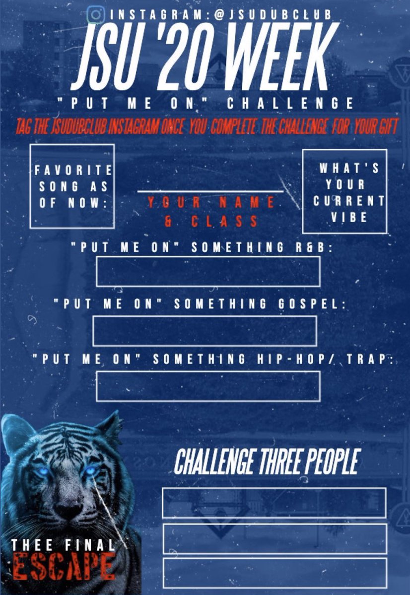 JSUSGA's tweet photo. Day One of #THEEFINALESCAPE 🤫🐅 #JSU20 https://t.co/mmVTj5mxpV