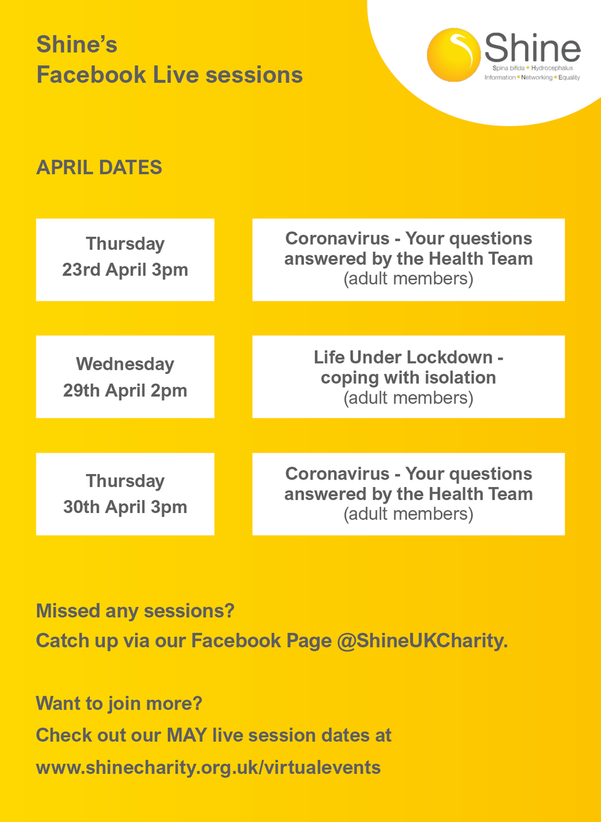 SHINEUKCharity's tweet photo. To help support you during the coronavirus situation we will be launching Facebook Live sessions with Shine's specialists. These will be hosted on Shine's Facebook Page https://t.co/fgaKLcgdOf
Please send us your questions on Shine's Facebook messenger.
https://t.co/FQYX2VRzfQ https://t.co/56d4BESNgG