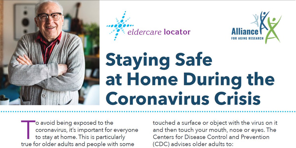 ACLgov's tweet photo. ACL's Eldercare Locator connects you to local services in your community, and it recently published “Staying Safe at Home During the #Coronavirus Crisis.” Visit https://t.co/iYorp10Wg2 or call 800-677-1116. #SafelyConnected https://t.co/VsAxSPlPLM