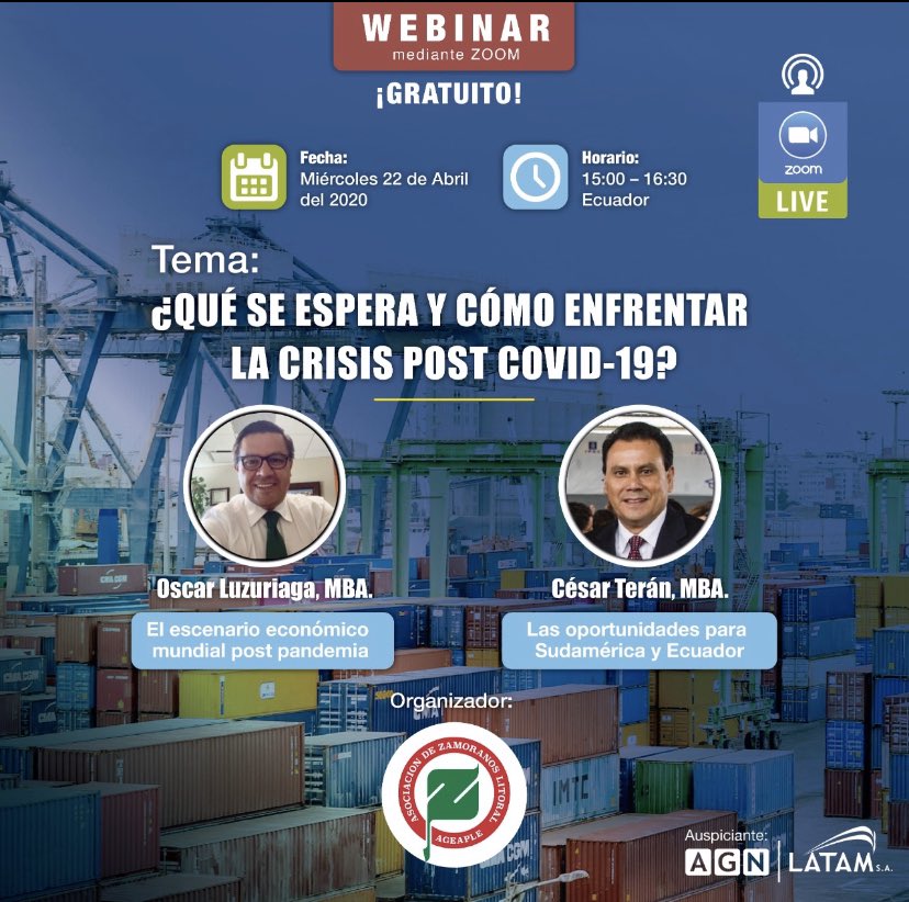 El Directorio de la Asociación de Zamoranos del Litoral Ecuatoriano AGEAPLE, tiene el honor de invitar a usted, al Webinar “QUE SE ESPERA Y COMO ENFRENTAR LA CRISIS POST COVID 19”

Miércoles 22 de Abril
15:00 HORAS

Link de inscripción: 

us02web.zoom.us/webinar/regist…

Los esperamos!