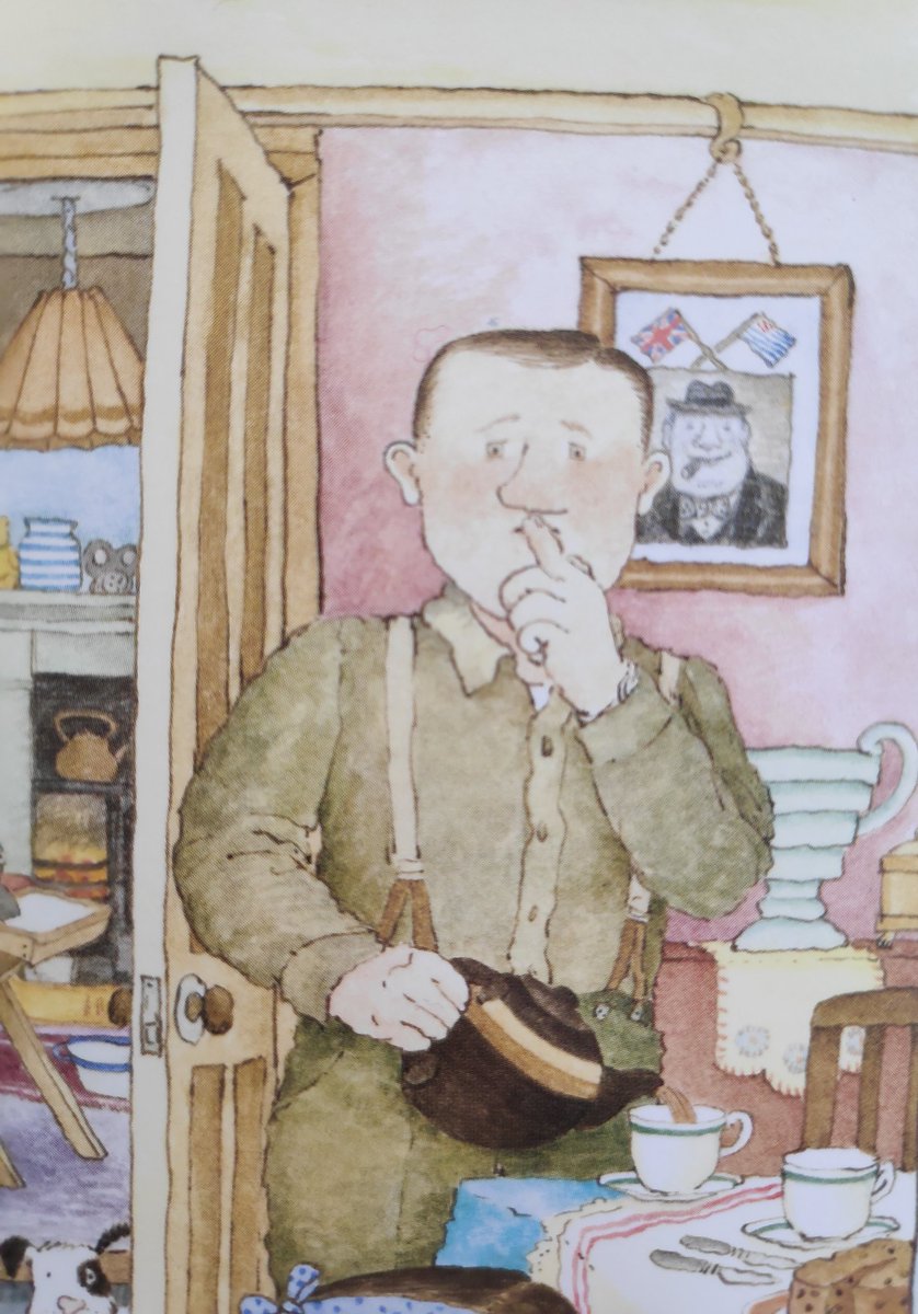 The dad& #39;s back in uniform, and a portrait of Churchill hangs on the wall. Is that supposed to be crossed UK and USA flags above him? 7/12