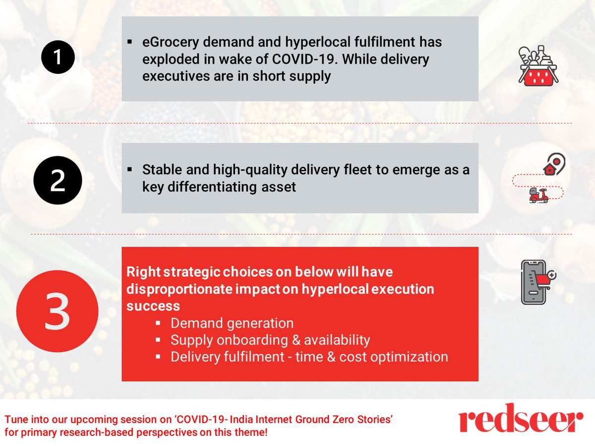 Redseer's tweet photo. We all know by now how the #eGrocery demand and #Hyperlocal fulfilment has exploded in the wake of #COVID19.
We'll be talking about these and more in our Ground Zero Stories, don't forget to register here - https://t.co/kF898JLsBk
#etailing #ecommerce #food #fodtech #redseer https://t.co/VI3SqYqLqV