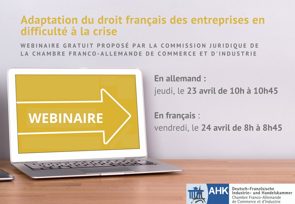 Ne manquez pas notre prochain #webinaire consacré à la crise du #COVID19 avec notamment des informations liées à l'adaptation du droit français des entreprises en difficulté à la crise. Plus d'informations et inscription: buff.ly/2XIAXak
#partenairefrancoallemand