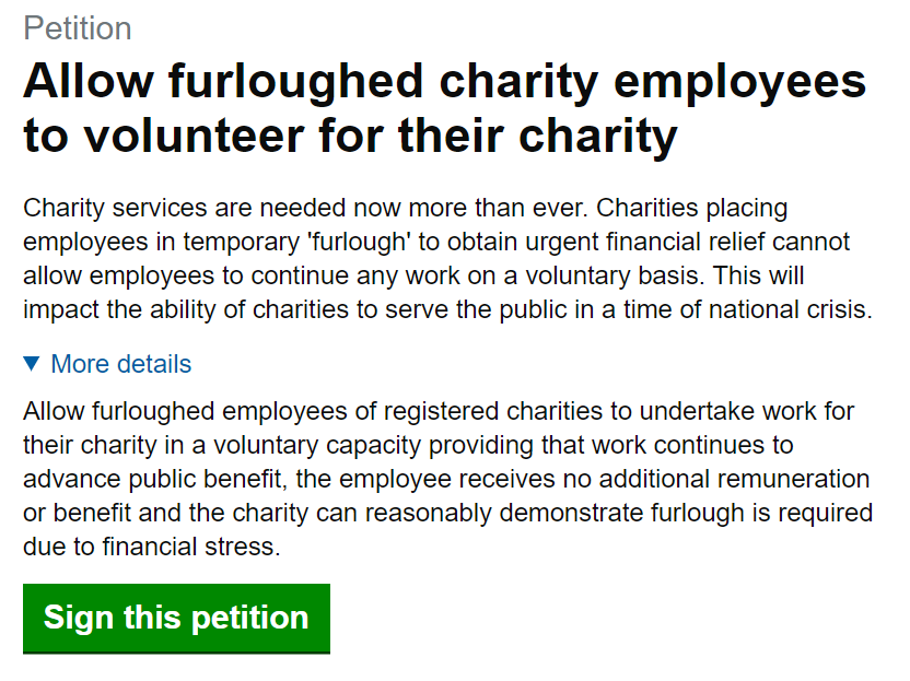 Our member charities are having to furlough employees and this will impact their ability to serve the public in a time of national crisis. This petition is asking that furloughed charity employees be allowed to volunteer for their charity 👉 bit.ly/2wWx6eM