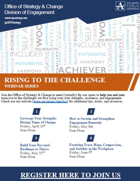"Rising to the Challenge" Series: Join us for our series to help you and your team rise to the challenges we face using your own strengths, resilience, and engagement. Register here: forms.gle/ZacYEZmJwexrTx…