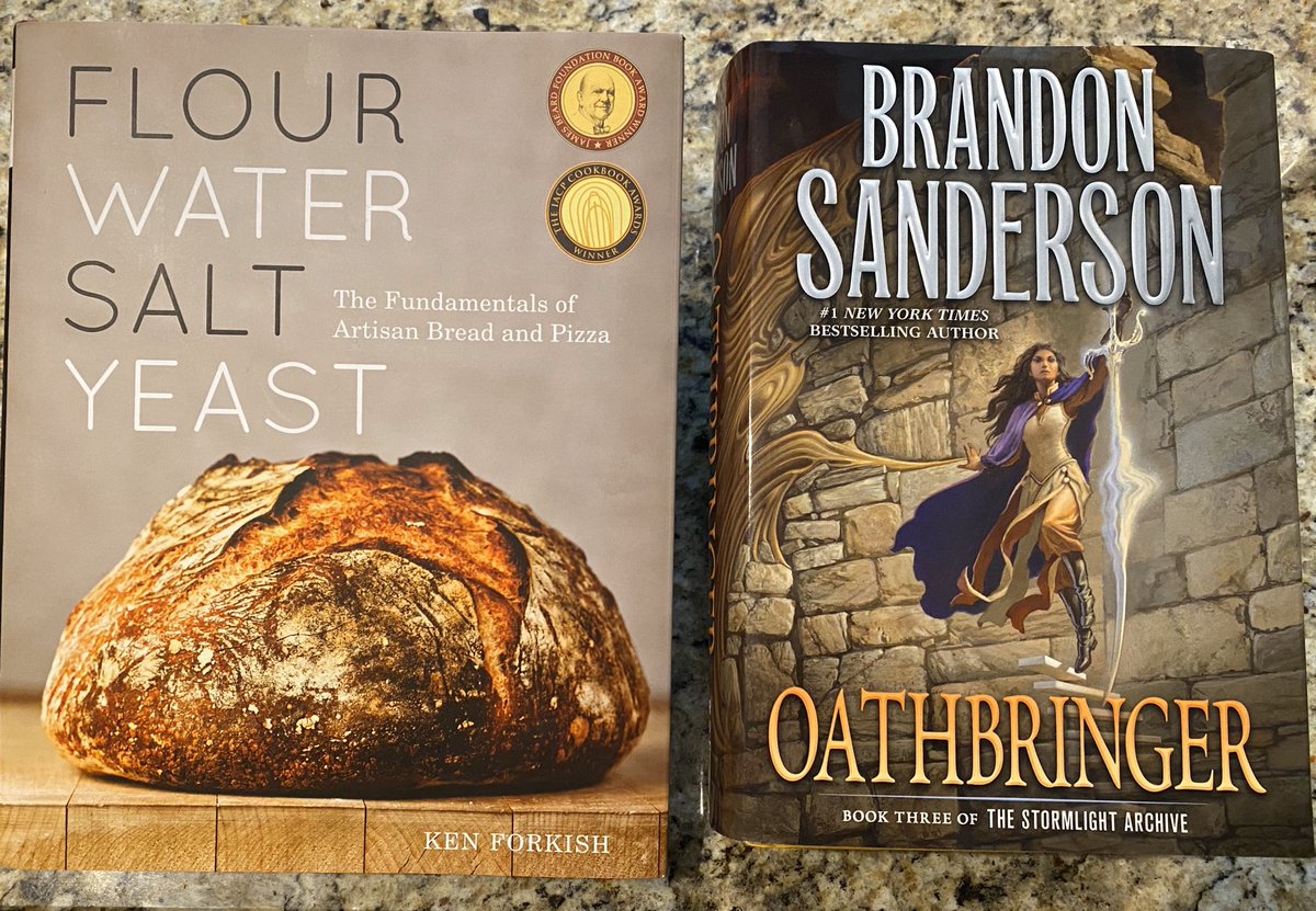 kristenbwrites's tweet photo. My current #amreading delights. I did a full re-read of all things Sanderson before jumping into OATHBRINGER, and I’m really enjoying how everything is starting to click together for me in terms of the cosmere. Haven’t tried any bread experiments yet but soon! https://t.co/hja0urfLiC