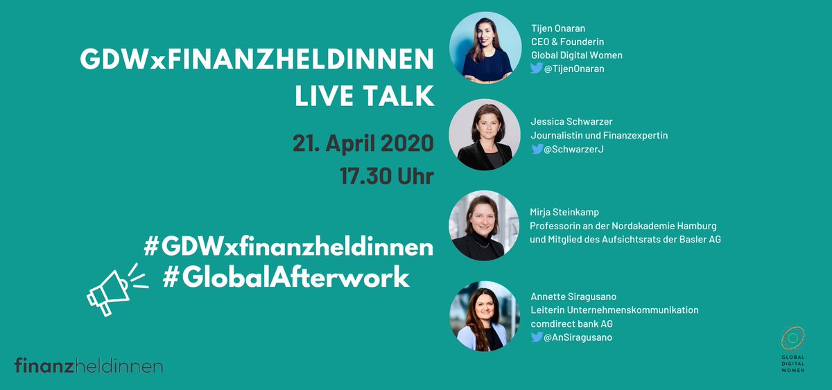 gd_women's tweet photo. #EventMonday☺️🙌  Morgen ist die 4. Runde GDWxfinanzheldinnen. Thema 👉🏻 Anlagestrategien mit @SchwarzerJ MirjaSteinkamp @Basler_AG @AnSiragusano @comdirect @finanzheldinnen. Moderiert von @TijenOnaran 

👉🏻 https://t.co/JofLwDA0dE

#GDW #GlobalAfterwork #GDWxfinanzheldinnen https://t.co/yx3ViFnIIk