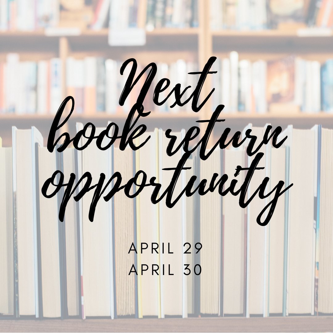 LibSCHS's tweet image. Thank you to all those who were able to return books on April 14. For those with items still out, you have two more opportunities this month to return your school library books. See you then!