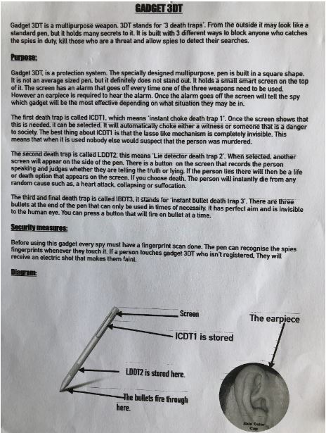 DenbighHighSch's tweet image. More great English work from Grace - some of her spy project.  Da iawn Grace! #LockdownWork #IndependentLearning #BelieveExceed