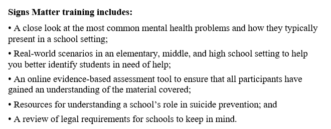 EducationSC's tweet photo. We have partnered w/ the S.C. Dept. of Mental Health to provide educators free access to Signs Matter: Early Detection, a self-paced virtual course that shows how and when to express concern and refer students to counseling personnel.
Register⬇️
https://t.co/seWChsi8Kx https://t.co/lBZReOCrJZ