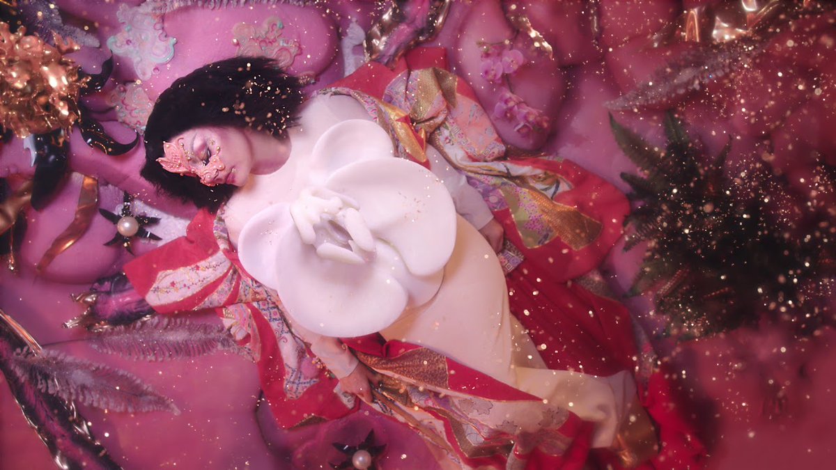 Utopia (2017)Set in a "pink-hued planet", Björk alternatively plays the flute while surrounded by the flute septet Viibra and colorful animals. The video debuted during the Kimono Roboto exhibition in Tokyo's Omotesando Hills