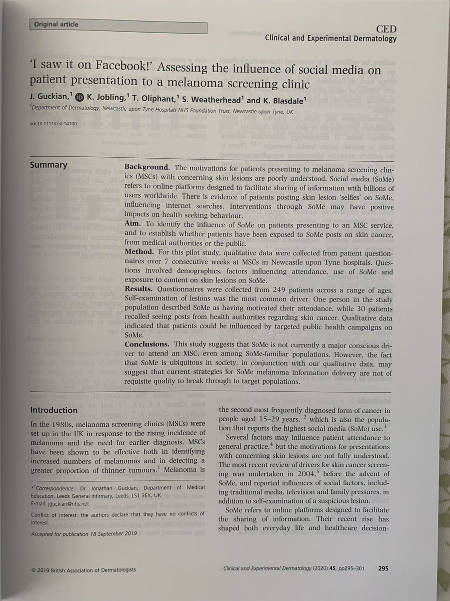It’s lovely that this has a few likes - id like to make the most geeky shameless plug and plug my paper in this month’s  @ced_wiley (delivered today!!) - an essential read if you’re interested in  #dermatology &  #SoMe!  https://onlinelibrary.wiley.com/doi/abs/10.1111/ced.14100  @JobKAL