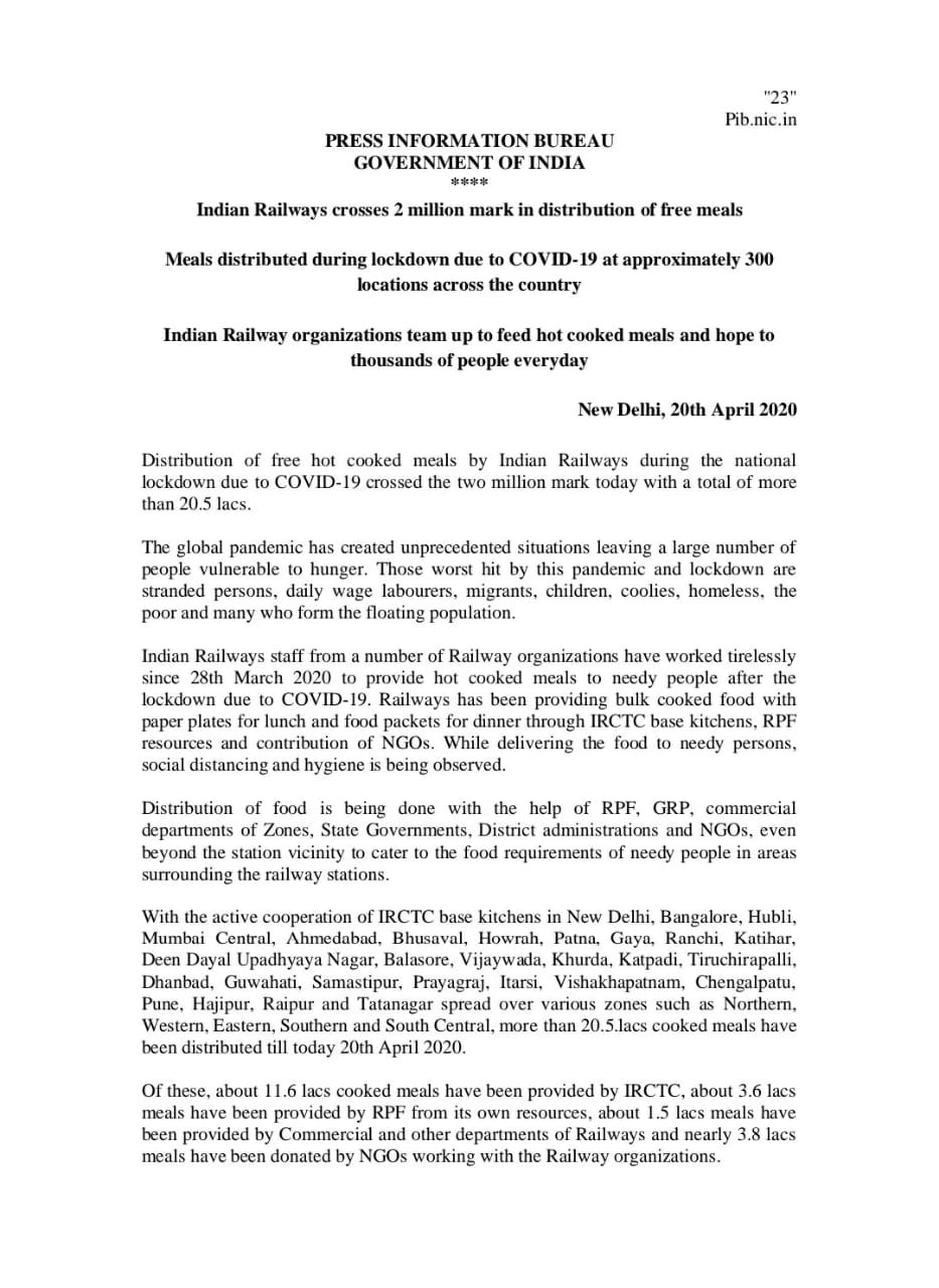 ministry of railways on twitter indian railways crosses 2 million mark in distribution of free meals meals distributed during lockdown due to covid 19 at approximately 300 locations across the country indiafightscorona https t co oedmaswzqo indian railways crosses