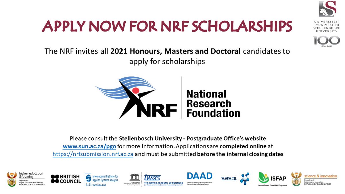 PGSkillsStell's tweet image. #postgradSUccess #NRF

POSTGRAD IN 2021? Apply for NRF Scholarships today. Please see the SU postgrad funding website for closing dates, eligibility criteria and application tips:
sun.ac.za…/R…/postgraduate-funding-opportunities