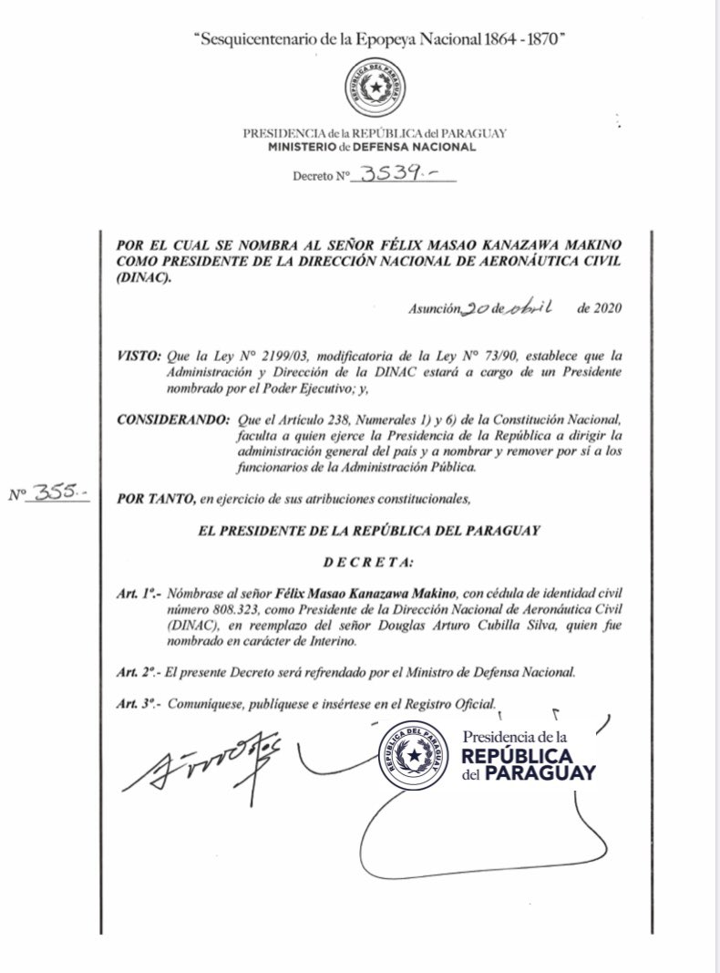 Presidente de la República <a href="/MaritoAbdo/">Marito Abdo</a> nombra a experto en radares y telecomunicaciones al frente de la <a href="/dinacpy/">DINAC Paraguay</a> 👉