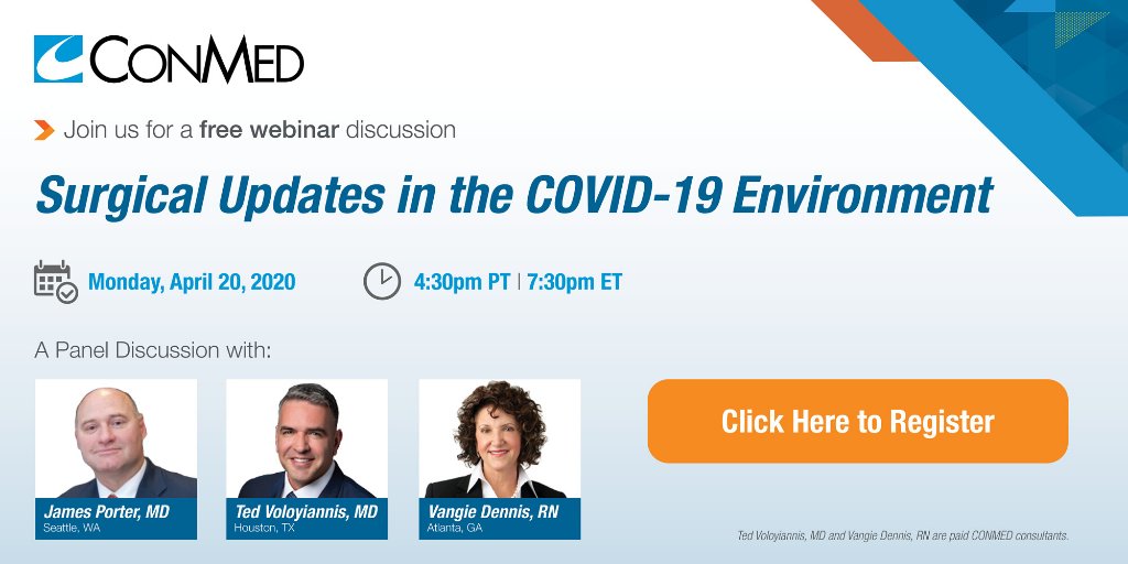 ConMedAirSeal's tweet image. REGISTER HERE: bit.ly/2y5vlMk | CONMED invites you to a free webinar on surgery in the COVID-19 environment. The panelists will discuss processes for the selection and deployment of risk reduction solutions in their facilities. #SAGES #AAGL #IntiuitiveSurg #Laparoscopy