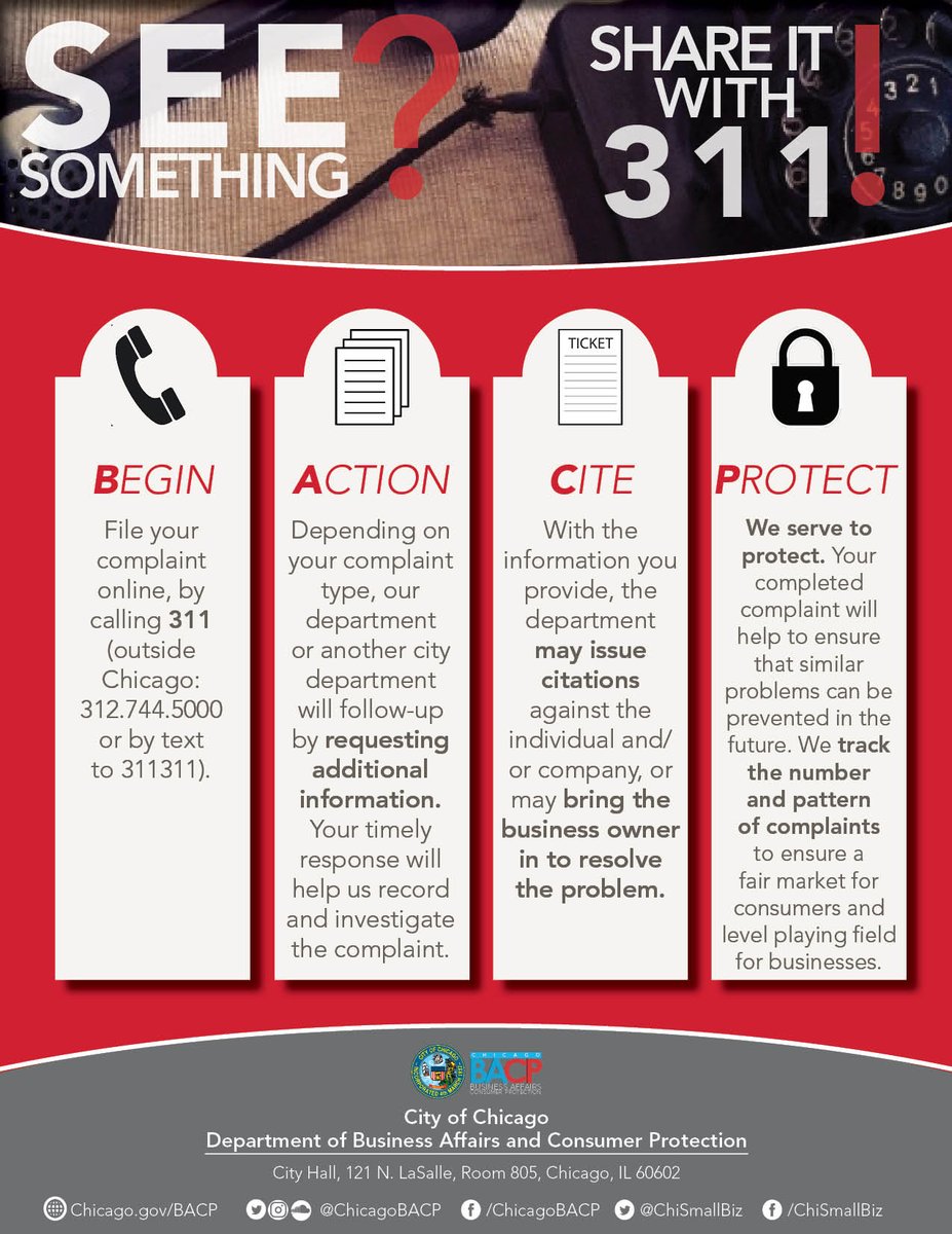 Report #COVID19 related business &amp; consumer concerns to <a href="/CHI311/">311</a> to ensure your complaint is recorded.
Quickest way to report price gouging, paid sick leave violations, business operations and more is by downloading the CHI311 mobile app or visiting Chicago.311.gov