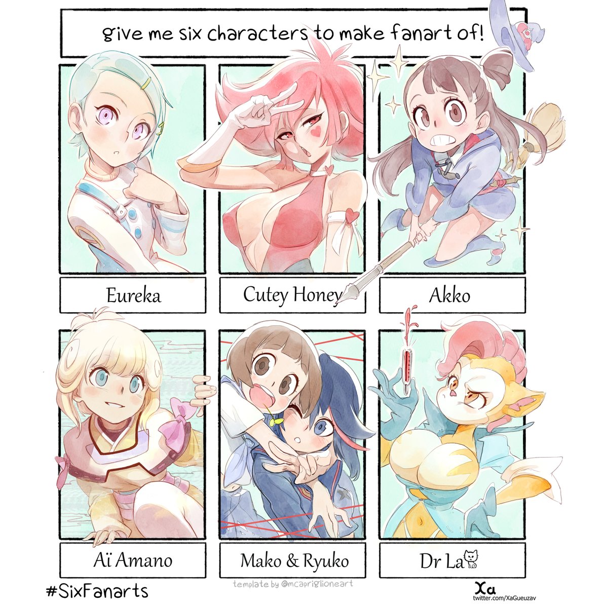 My #sixfanarts entry ^^

#SixFanartsChallenge #killlakill #littlewitchacademia #cuteyhoney #eureka7 #videogirlai #peepoodo 