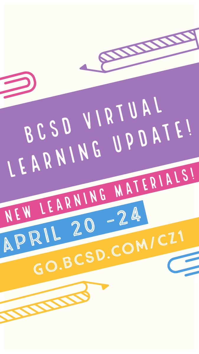 BCSD Virtual Learning Update: Access new materials for the week at go.bcsd.com/cz1 #TeamBCSD #BCSDLearns #StayingConnected
