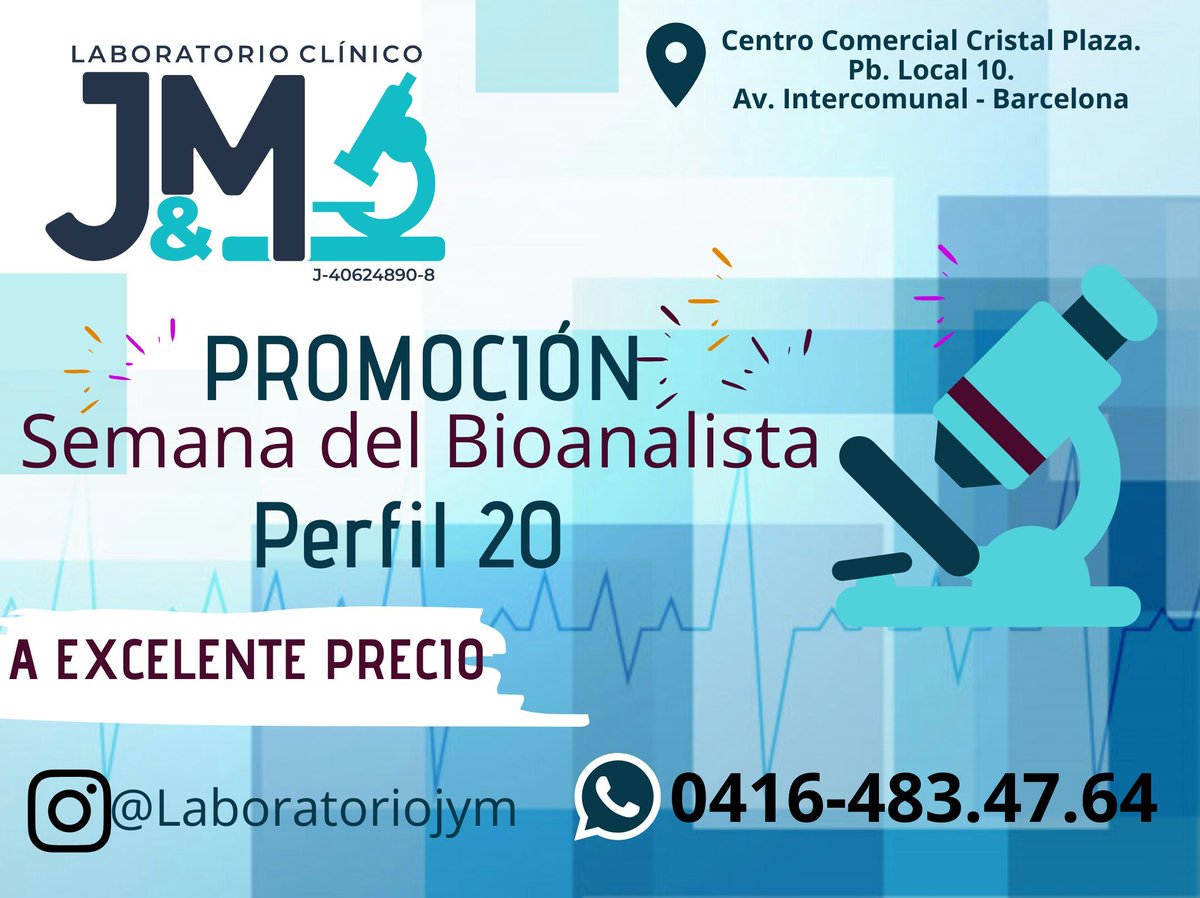 Laboratoriojym's tweet photo. 😱Promoción por Semana del #Bioanalista Perfil 20 a excelente precio!🙌.  #promocion #salud #COVIDー19 #20Abril #quedatencasa #Venezuela #laboratory #anzoategui #cuarentena #perfil20 #bionalisis #bioanalista #Medicina https://t.co/9KGLQdDDPn