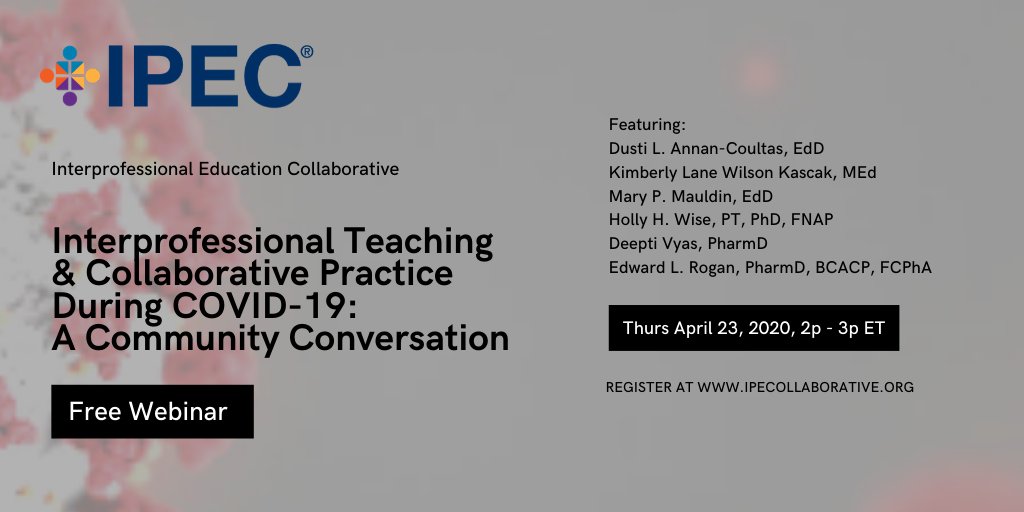 ipec_org's tweet image. Join us this Thurs, 4/23 at 2pm ET for a FREE webinar on #IPE &amp;amp; #CollaborativePractice during #COVID_19 &amp;amp; find out more about the newest iCollaborative collection, Clinical Teaching &amp;amp; Learning Experiences without Physical Patient Contact.

👉Register at: bit.ly/3evj4l9