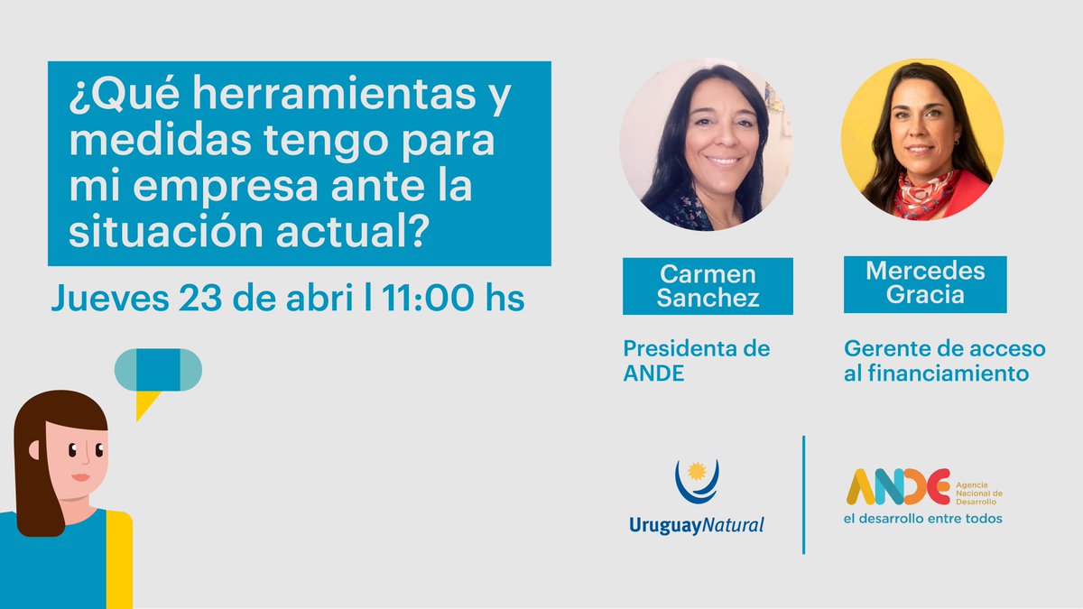 MarcaUruguay's tweet photo. Marca País y @ANDEUruguay invitan a emprendedores uruguayos a participar del taller gratuito ¿Qué herramientas y medidas tengo para mi empresa ante la situación actual? 

📅 Jueves 23 de abril | 11 horas
📌 Plataforma Zoom

Inscripciones ➡️ https://t.co/63UBd1BtOx https://t.co/wyDBBBMj3i