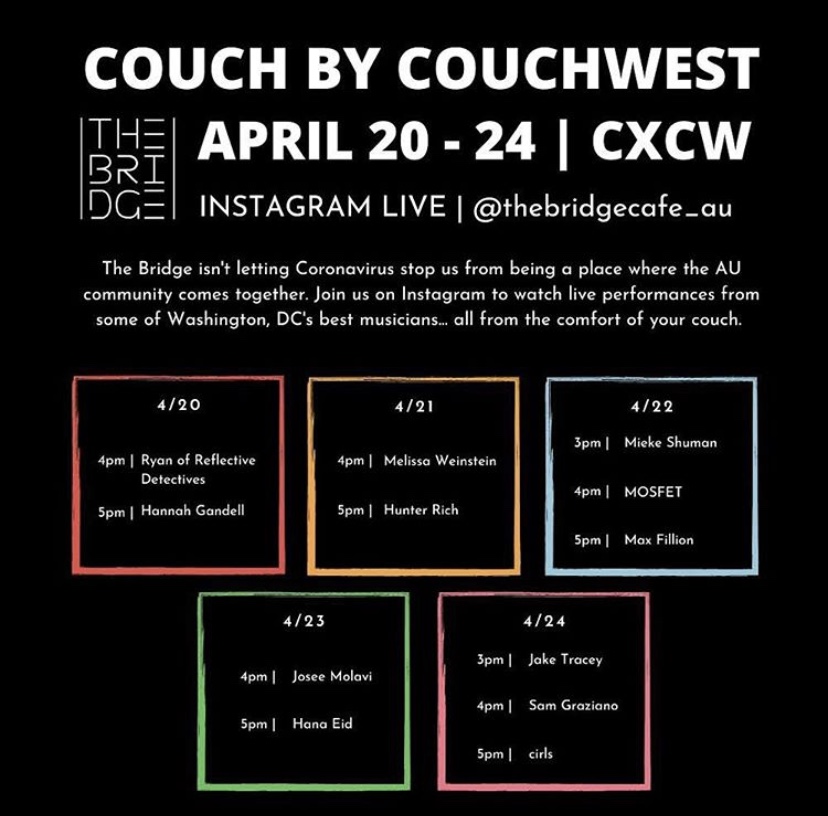 AU_SOC's tweet photo. Are you ready for Couch by Couchwest?! It starts today and is happening on Instagram Live this whole week over on @TheBridgeCafeAU's account. Tune in today at 4pm. #CXCW https://t.co/r2RMNvPZse