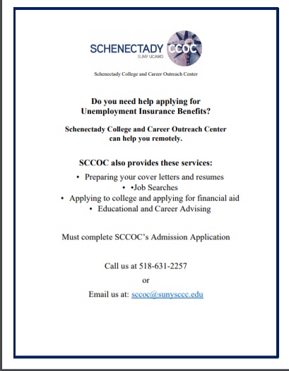 SCCOC433's tweet photo. In addition to Schenectady College and Career Outreach Center's Remote Services, we can help you with your Unemployment Insurance Benefits' Application.  Call us to schedule a remote appointment, 518-631-2257 or 518-603-4198. Serving our community remotely.  #HeartWorkContinues https://t.co/v4bR18rBaR