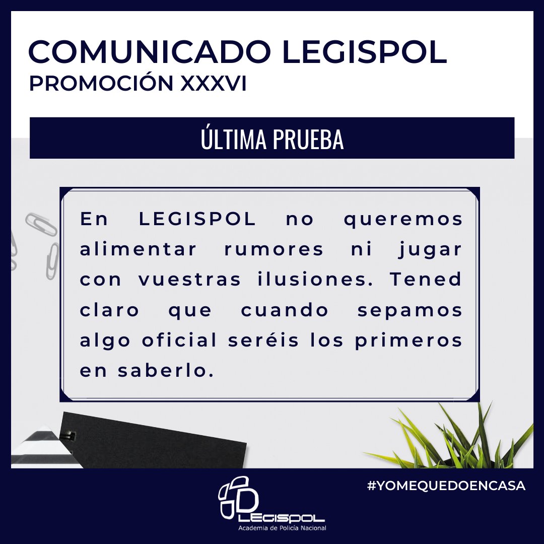 Acad_Legispol's tweet photo. Desde #Legispol queremos trasladaros que NO tenemos ninguna información OFICIAL con respecto a la última prueba de la Promoción XXXVI. 
Cuando sepamos algo oficial seréis los primeros en enteraros, como hemos hecho siempre.
#PoliciaNacional #OposicionesPolicíaNacional 
👇👇 https://t.co/jvgurPp0vG