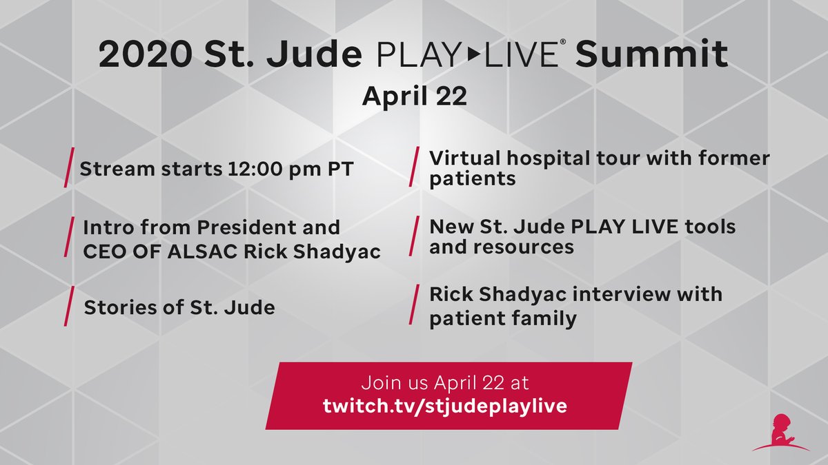 StJudePLAYLIVE's tweet photo. On 4/22 we are so excited to kick off our Summit with a message from @RickShadyac at 12pm PT, an afternoon of inspiring stories from @StJude, an intro to our new tech resources and a brand new virtual hospital tour!
📺: https://t.co/5FKkP2nLnr https://t.co/vVVuiRmUhM