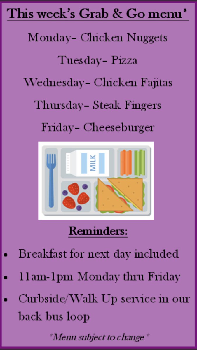 NISDLearningTre's tweet photo. This week’s menu is below.  You can pick up lunch and breakfast from 11-1 at: Adams Hill, Burke, Carlos Coon, Cody, Driggers, Mary Hull, McDermott, Mead, and Rhodes elementary schools, and Hobby, Jones, Luna, Neff, Pease, Rayburn, Ross, Rudder, Stinson, Vale, and Zachry. https://t.co/6GDE1Lzxbx