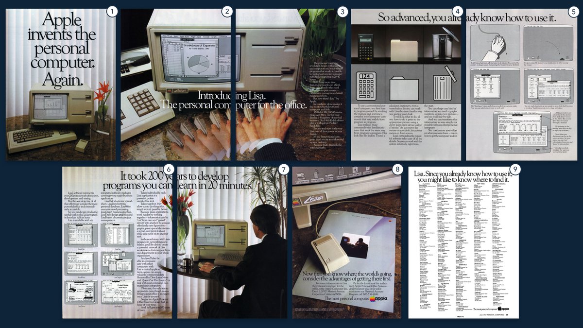 1/ January 1983. Apple finish production of their new computer, Lisa. Steve Jobs launches it with a nine-page ad in the New York Times.It's nine pages of geek speak. Nobody outside NASA is interested. Lisa sells just 10,000 units. Steve is fired from Apple.
