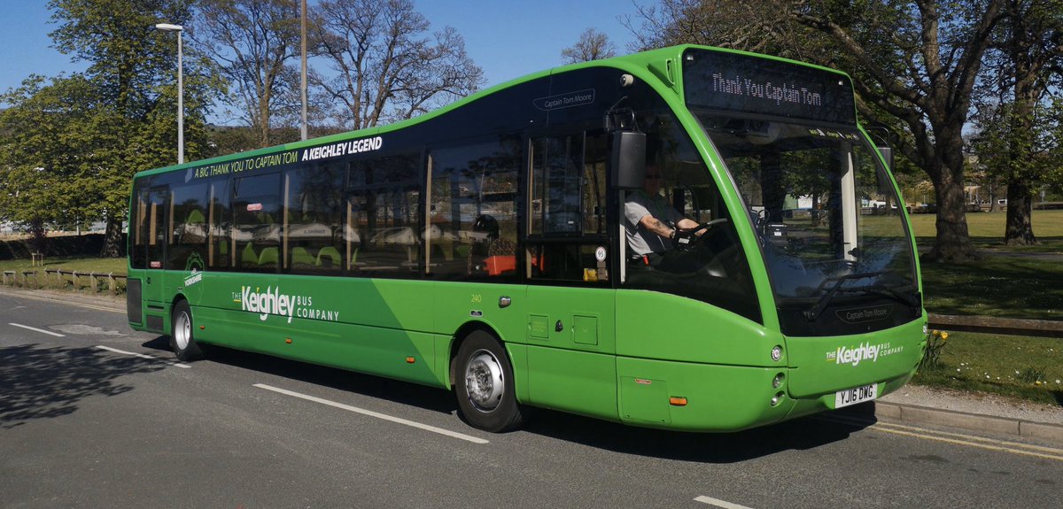 alexhornbyrail's tweet image. The sun shines down on a bus called #CaptainTomMoore - the pride of the fleet in his home town of Keighley.

@keighleybus @captaintommoore
