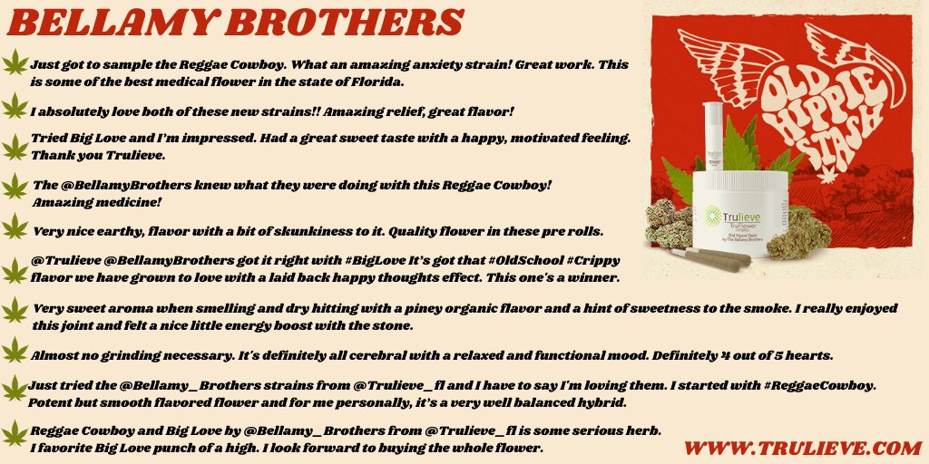 BellamyBrothers's tweet photo. Happy 4/20! Our #OldHippieStash #medicalmarijuana line with @Trulieve has only been out for a little over a week, and we’ve already received so many great reviews. We love hearing how #BigLove and #ReggaeCowboy are helping y’all 🤠🌿✌️https://t.co/rv17XKaTcj #trulieve https://t.co/8RqTruoOBp